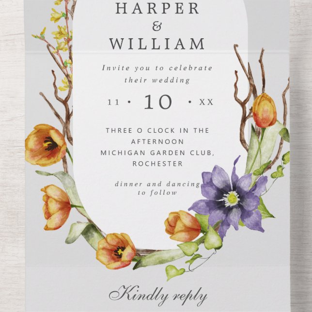 Invitación Todo En Uno flores de primavera rsvp adjunto boda todo en uno (Interior medio)
