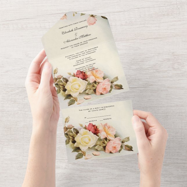 Invitación Todo En Uno Flores de Rosa de jardín antiguo de bodas antiguas (desgarro)