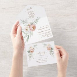 Invitación Todo En Uno Flores de Rosa Polvorienta Blanca en Acuarela para