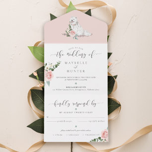 Invitación Todo En Uno Flores de rosa rosada de color acuarela y perro co