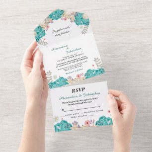 Invitación Todo En Uno Flores de Rosas beiges verdes de bodas elegantes