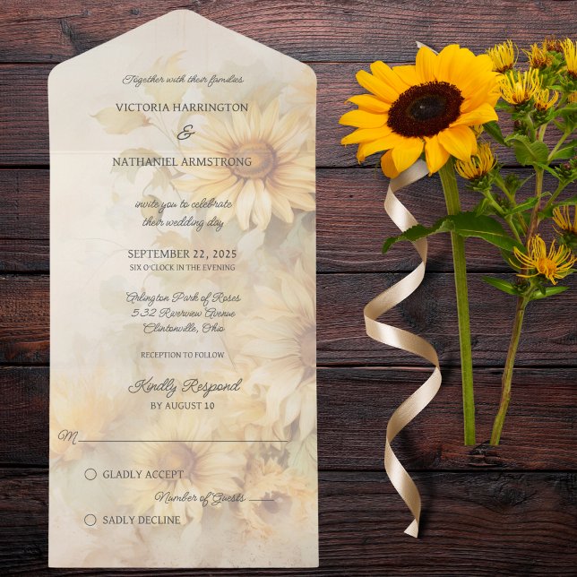 Invitación Todo En Uno Flores doradas rusas (Also available with QR code or dinner options. )