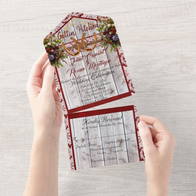 Invitación Todo En Uno Flores, Encaje y Herraduras, Cinta Roja (desgarro)