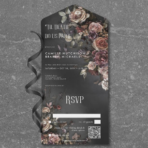 Invitación Todo En Uno Flores góticas moradas y código QR húmedo