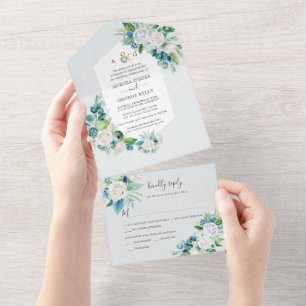 Invitación Todo En Uno Flores H2 de invierno PixDezines Azul Blanco Elega
