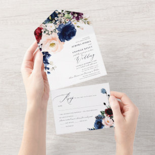 Invitación Todo En Uno Flores H2 de la Marina Borgoña de Rubor PixDezines