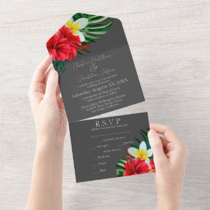 Invitación Todo En Uno Flores Hawaianas Tropicales sobre Elegante Gris