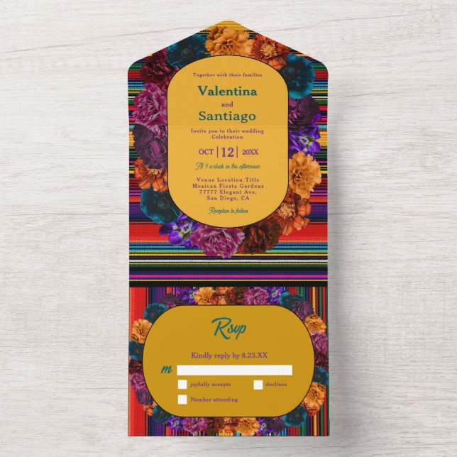 Invitación Todo En Uno Flores mexicanas modernas boda amarillo (Interior)