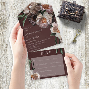 Invitación Todo En Uno Flores Modernas de Flor de Cosecha Tinta de Borgoñ