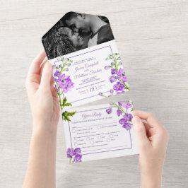 Invitación Todo En Uno Flores moradas de delfinio boda de acuarela