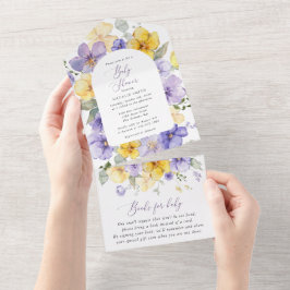 Invitación Todo En Uno Flores moradas, flores amarillas, boho, Baby Showe
