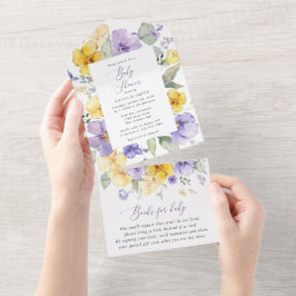 Invitación Todo En Uno Flores moradas, flores amarillas, boho, Baby Showe