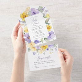 Invitación Todo En Uno Flores moradas, flores amarillas, boho, Baby Showe
