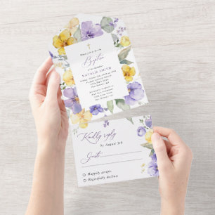 Invitación Todo En Uno Flores Moradas, Flores Amarillas, Boho, Bautizo