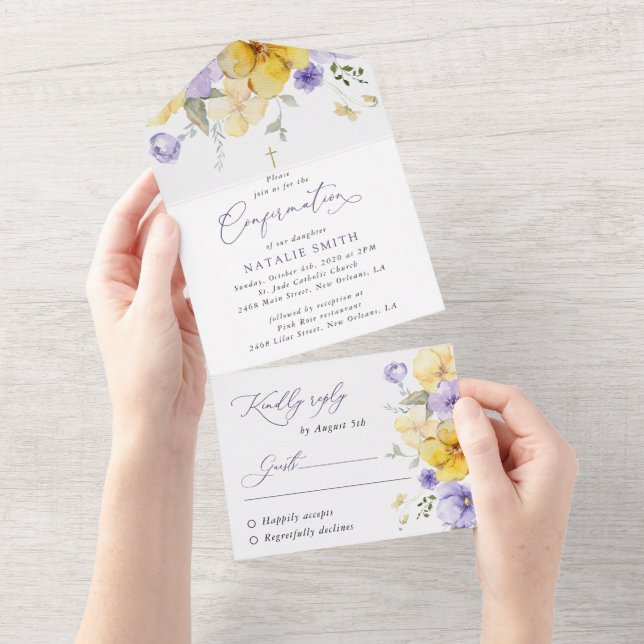 Invitación Todo En Uno Flores Moradas, Flores Amarillas, Boho, Confirmaci (desgarro)