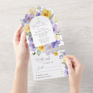 Invitación Todo En Uno Flores Moradas, Flores Amarillas, Boho, Confirmaci