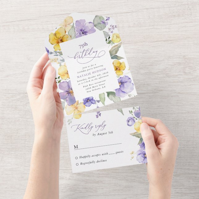 Invitación Todo En Uno Flores Moradas, Flores Amarillas, Boho, Cumpleaños (desgarro)
