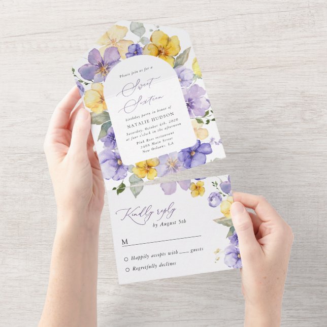 Invitación Todo En Uno Flores Moradas, Flores Amarillas, Boho, Dulces 16 (desgarro)