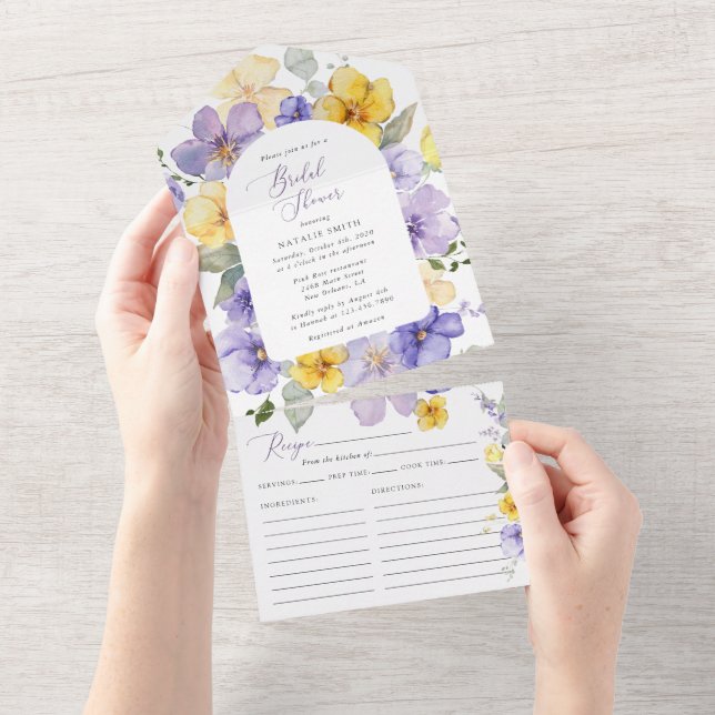 Invitación Todo En Uno Flores Moradas, Flores Amarillas, Despedida de Sol (desgarro)