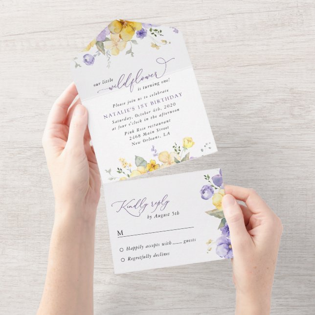Invitación Todo En Uno Flores Moradas, Flores Amarillas, Primer Cumpleaño (desgarro)