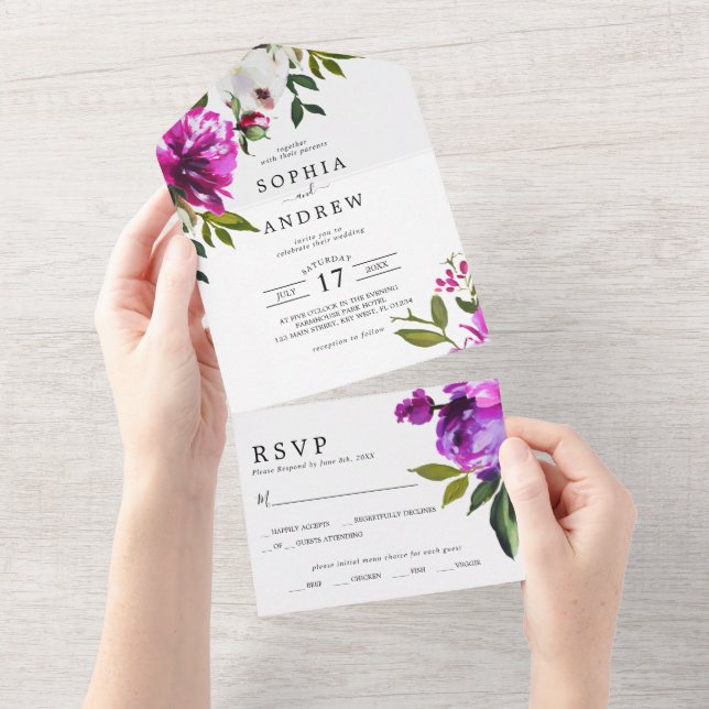 Invitación Todo En Uno Flores moradas y hojas de vegetación Boda (desgarro)