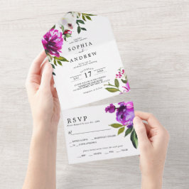 Invitación Todo En Uno Flores moradas y hojas de vegetación Boda