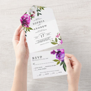 Invitación Todo En Uno Flores moradas y hojas verdes Boda