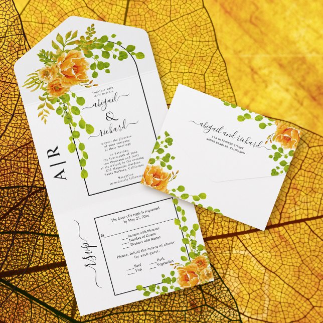 Invitación Todo En Uno Flores naranjas, arco y boda de caída en monograma (Subido por el creador)