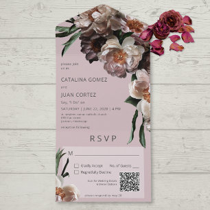 Invitación Todo En Uno Flores oscuras modernas florecen bajo el código QR