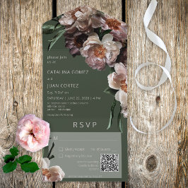 Invitación Todo En Uno Flores oscuras modernas florecen bajo el código QR