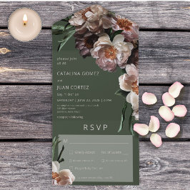 Invitación Todo En Uno Flores oscuras modernas florecen en la cena verde