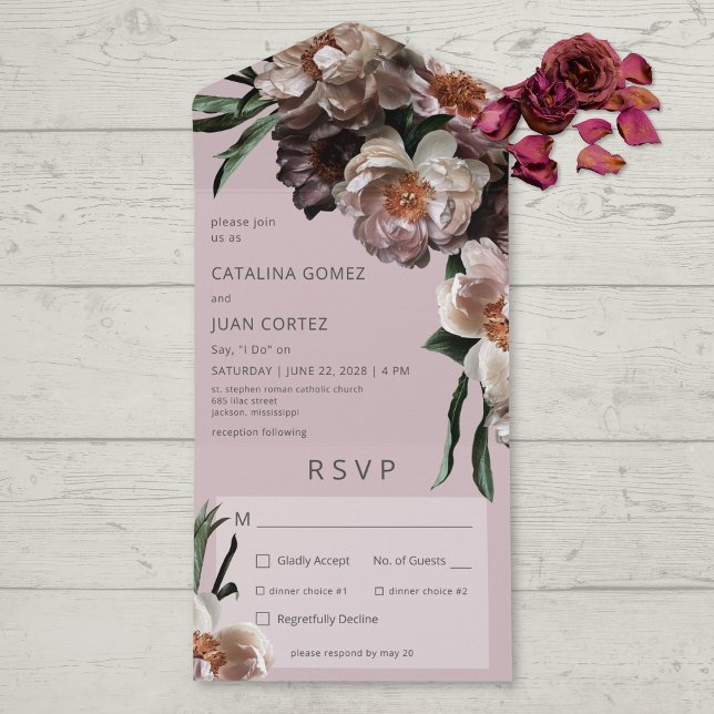 Invitación Todo En Uno Flores Oscuras Modernas Flores Flores Blancas Cena (Also available with a QR code or without dinner selection options.)