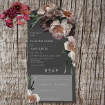 Invitación Todo En Uno Flores oscuras modernas flores negras sin cena<br><div class="desc">TAMBIÉN DISPONE DE UN CÓDIGO QR PARA ESCAPAR EN LA ZONA DE RSVP O CON OPCIONES PARA CENAR. Este diseño presenta grandes peonías blancas y polvorientas rosadas con un centro amarillo suave y vegetación sobre un fondo negro de carbón vegetal. Las invitaciones todo en uno personalizadas son una combinación única...</div>