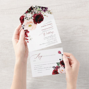 Invitación Todo En Uno Flores PixDezines Borgoña Rubor H2