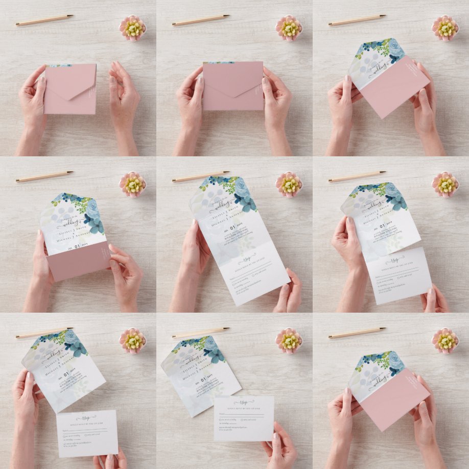 Invitación Todo En Uno Flores Polvorientas Azul Claro Salvia Boda Económi