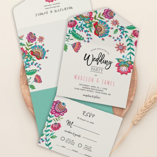 Invitación Todo En Uno Flores populares Boho Turquoise Fiesta boda (Subido por el creador)