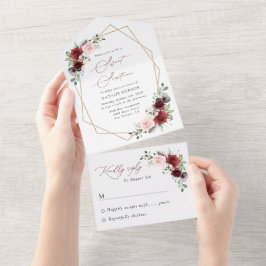 Invitación Todo En Uno Flores rojas de Borgoña, flores rosas, dulces 16