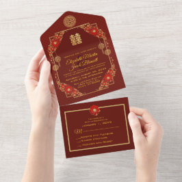 Invitación Todo En Uno Flores rojas Recorte de oro Boda chino