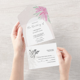 Invitación Todo En Uno Flores románticas de encaje rosado elegantes