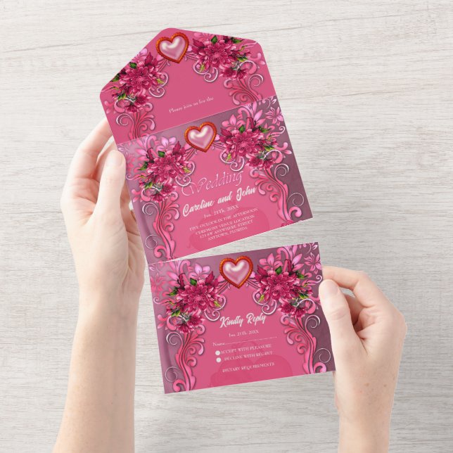 Invitación Todo En Uno Flores rosa elegantes (desgarro)