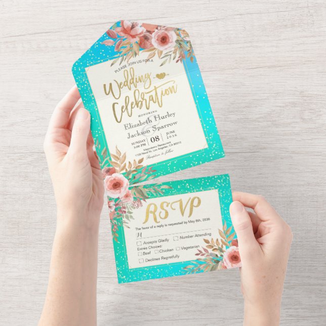 Invitación Todo En Uno Flores rosadas Blue Green Gold Confetti Wedding RS (desgarro)