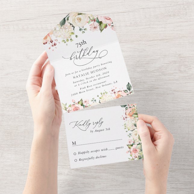 Invitación Todo En Uno Flores rosadas, flores blancas, Boho, Cumpleaños (desgarro)