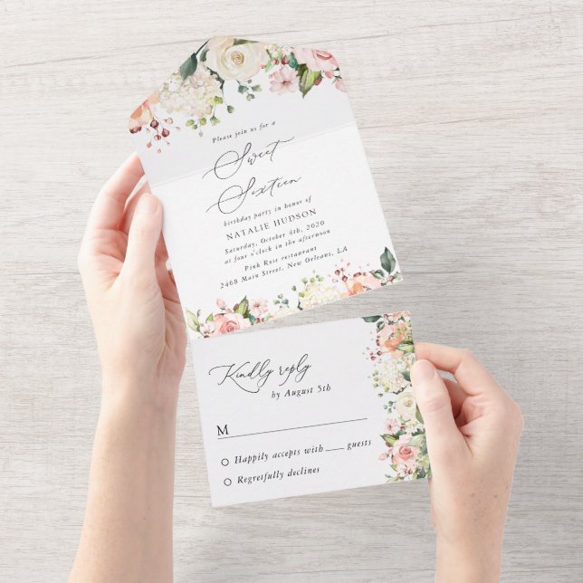 Invitación Todo En Uno Flores rosadas, Flores blancas, Boho, Dulces 16 (desgarro)