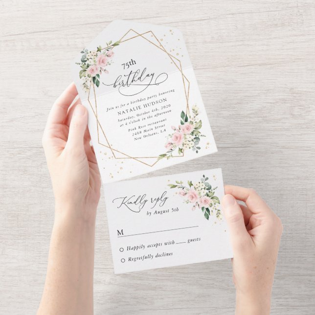 Invitación Todo En Uno Flores rosadas, flores blancas, follaje, cumpleaño (desgarro)
