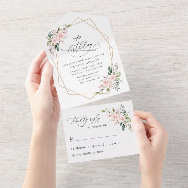 Invitación Todo En Uno Flores Rosadas, Flores Rosas, Boho, Cumpleaños (desgarro)