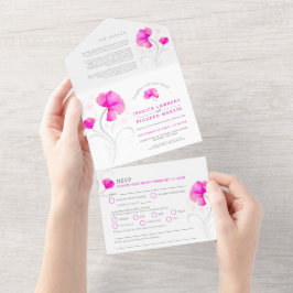 Invitación Todo En Uno Flores rosadas remolino gris acuarela boda