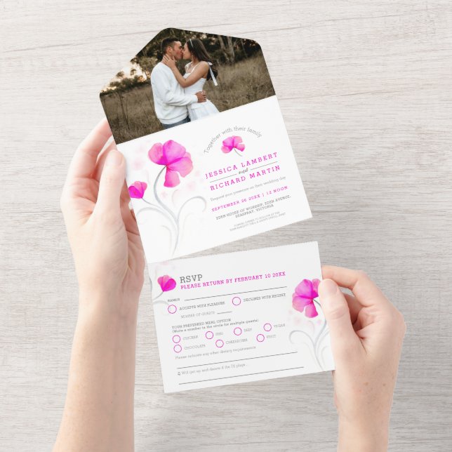 Invitación Todo En Uno Flores rosadas remolino gris foto de boda acuarela (desgarro)