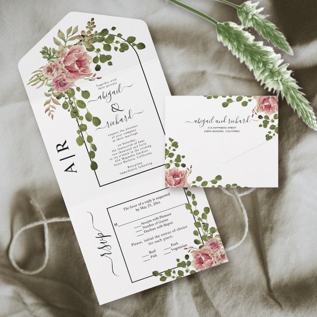 Invitación Todo En Uno Flores rosadas rosas, boda de arco y monograma (Subido por el creador)