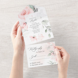 Invitación Todo En Uno Flores Rosadas Rubor, Follaje, Boho, Bautizo Flora