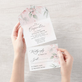 Invitación Todo En Uno Flores rosadas sonrojadas, Verduras, Confirmación 